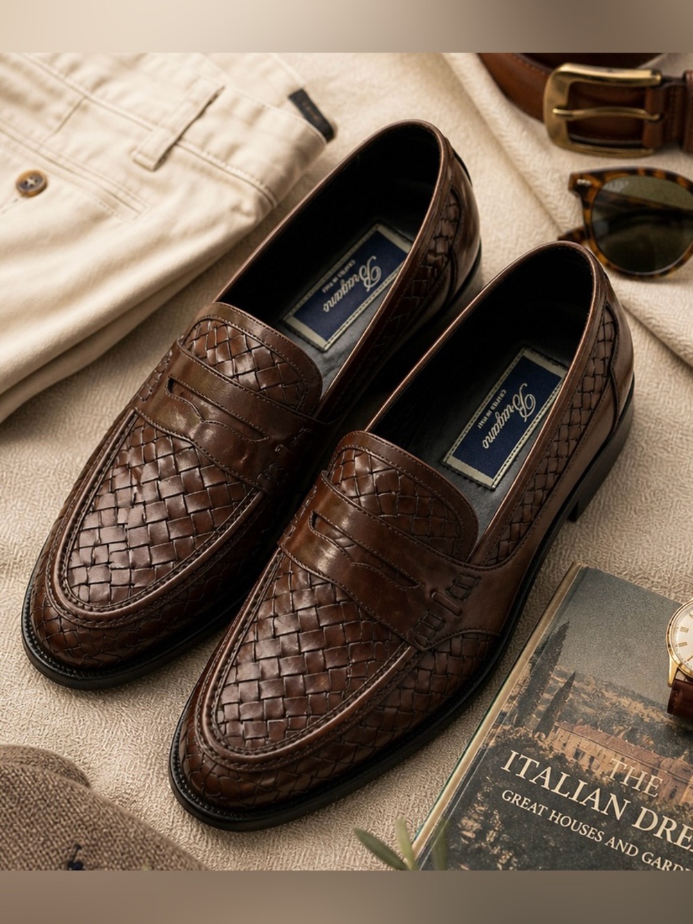 Bragano Italy Woven Leather Loafers Brown Mens 11M Slip On Dress Shoes